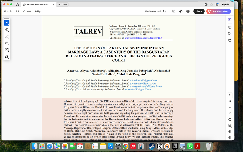 Highlight image for Artikel THE POSITION OF TAKLIK TALAK IN INDONESIAN MARRIAGE LAW