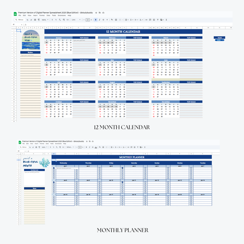 Highlight image for Premium Digital Planner Spreadsheet 2025 (Blue Edition) 