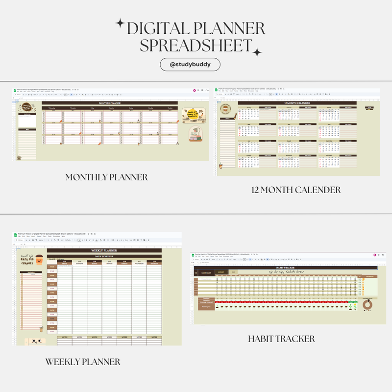 Highlight image for Premium Digital Planner Spreadsheet 2025 (Brown Edition) 