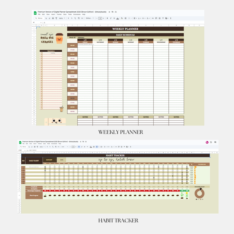 Highlight image for Premium Digital Planner Spreadsheet 2025 (Brown Edition) 