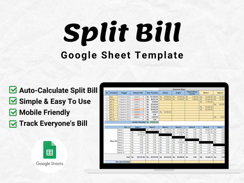 💸 Split Bill Template (Google Sheet / Spreadsheet not Excel)