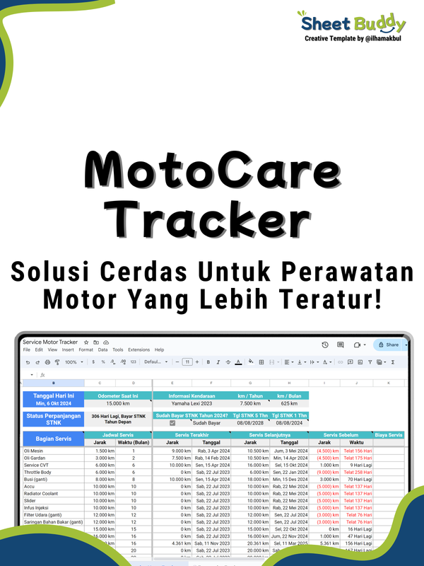 Highlight image for 🏍️ MotoCare Tracker - Template Lacak Jadwal Servis Motor! (Google Sheet / Spreadsheet not Excel)
