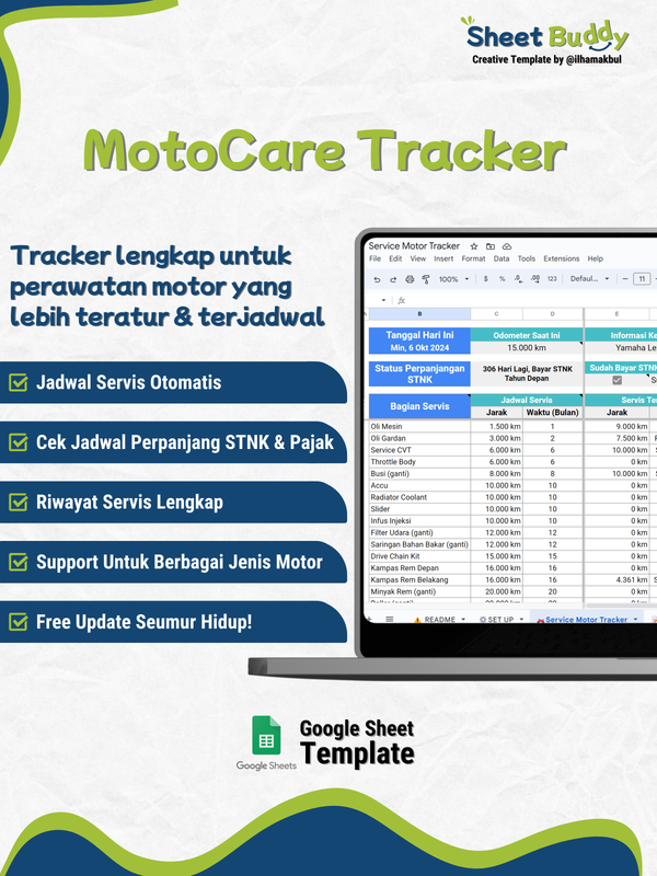 Highlight image for 🏍️ MotoCare Tracker - Template Lacak Jadwal Servis Motor! (Google Sheet / Spreadsheet not Excel)