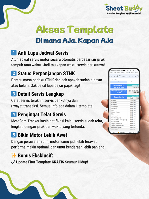 Highlight image for 🏍️ MotoCare Tracker - Template Lacak Jadwal Servis Motor! (Google Sheet / Spreadsheet not Excel)