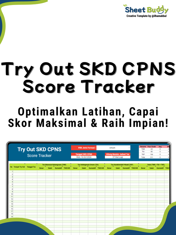 Highlight image for ✅ TO SKD CPNS Score Tracker Template (Google Sheet / Spreadsheet not Excel)