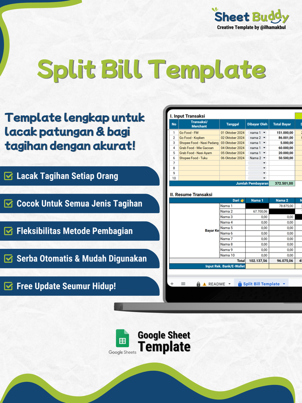 Highlight image for 💸 Split Bill Template (Google Sheet / Spreadsheet not Excel)