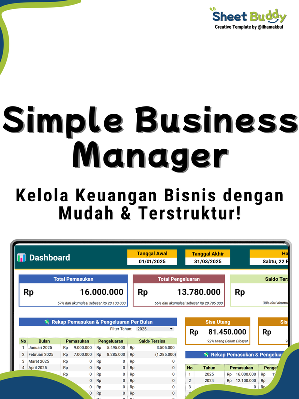 Highlight image 1 for 💼 Simple Business Manager - Template Pencatatan Keuangan UMKM (Google Sheet / Spreadsheet not Excel)