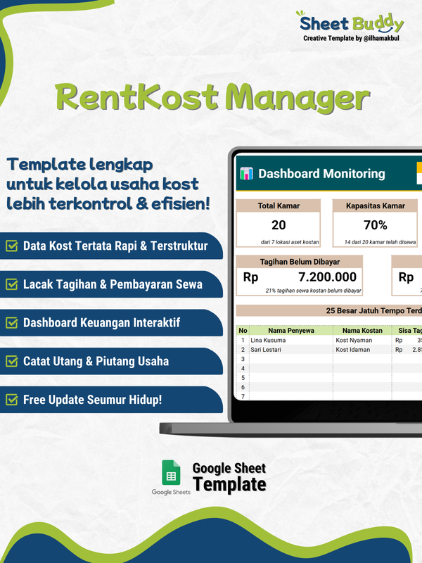 Highlight image 2 for ๐  RentKost Manager | Template Pencatatan Keuangan Usaha Sewa Kost & Kontrakan (Google Sheet / Spreadsheet not Excel)
