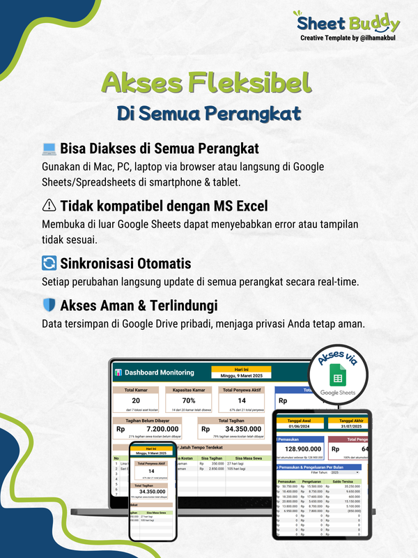 Highlight image 4 for ๐  RentKost Manager | Template Pencatatan Keuangan Usaha Sewa Kost & Kontrakan (Google Sheet / Spreadsheet not Excel)