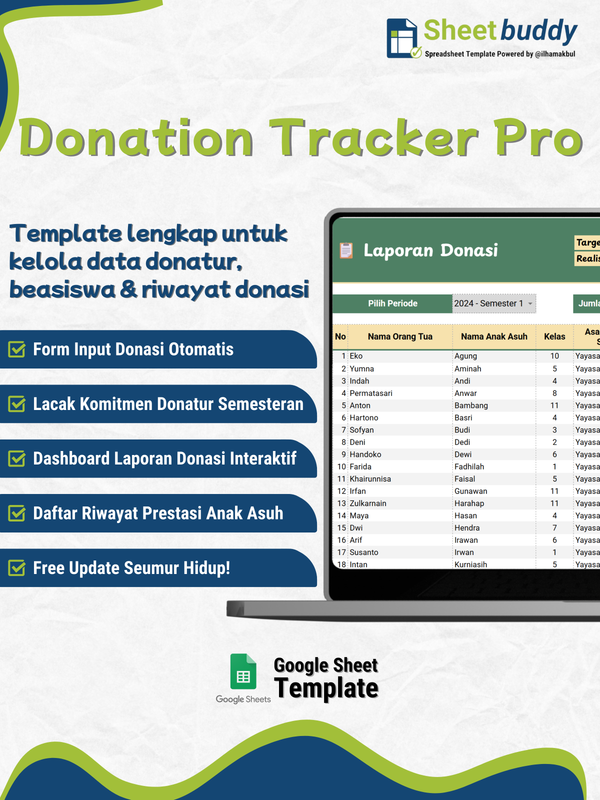 Highlight image 3 for Donation Tracker Pro | Template Manajemen Donatur Beasiswa untuk Organisasi Nirlaba (Google Sheet/Spreadsheet)not Excel