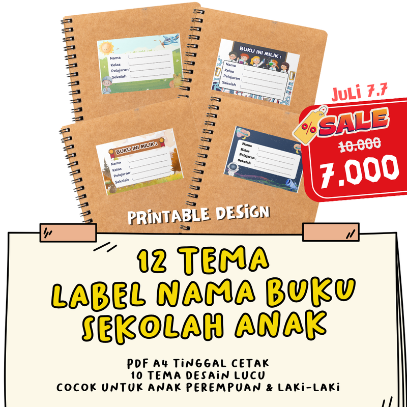 Highlight image 1 for [Printable Design] 12 tema 36 pcs label nama untuk buku sekolah anak 