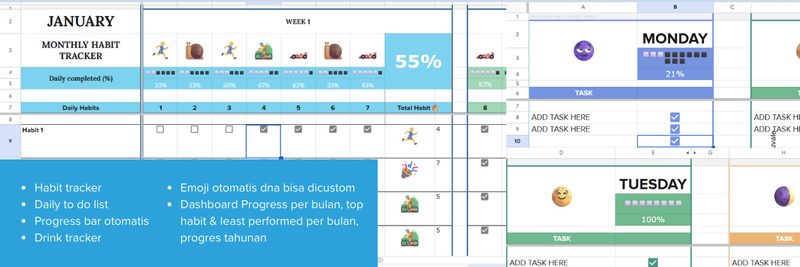 Highlight image 1 for Habit Tracker Google Sheets - Progressive Emoji