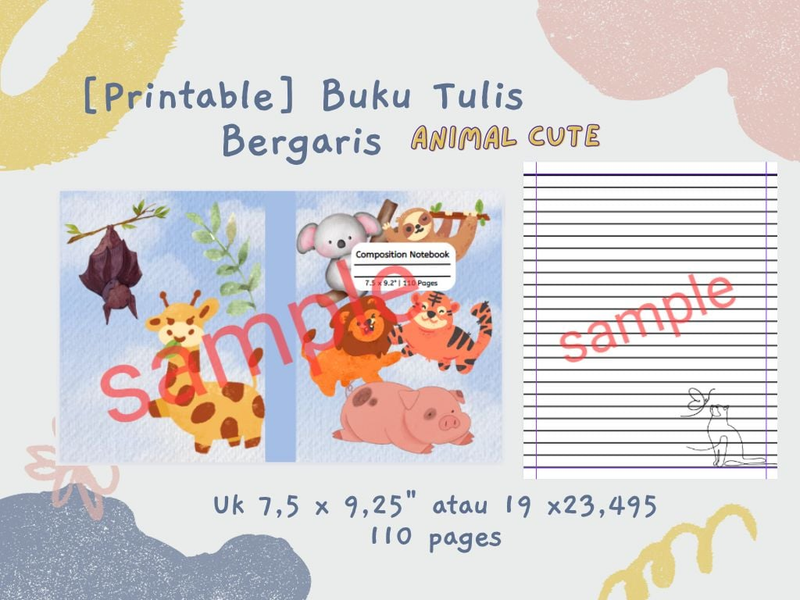 Highlight image 1 for [Printable] Buku Tulis Bergaris Animal Cute