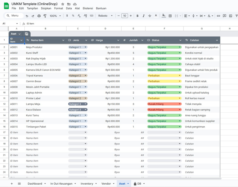 Highlight image for Template All-in-One UMKM: Keuangan, Stok, Aset & Vendor Tracking