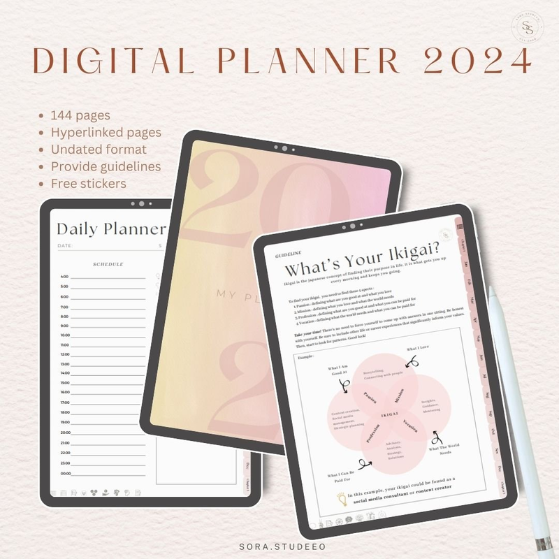Highlight image 1 for Undated Digital Yearly Planner 2024 / Planner 2024 Digital Tanpa Tanggal