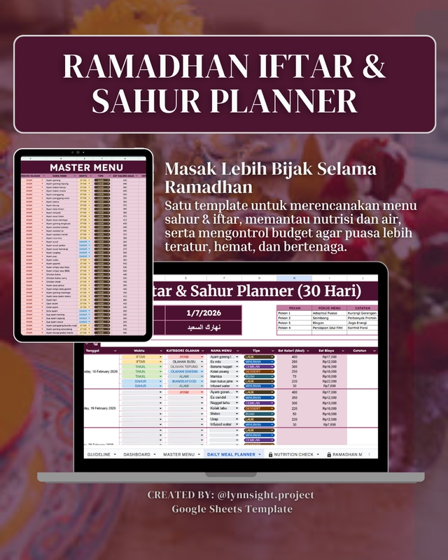 Highlight image for Ramadhan Iftar & Sahur Planner - Memasak Lebih Bijak Selama Ramadhan (Google Sheet/Spreadsheet Template not Excel)