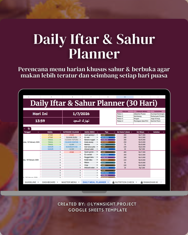 Highlight image for Ramadhan Iftar & Sahur Planner - Memasak Lebih Bijak Selama Ramadhan (Google Sheet/Spreadsheet Template not Excel)