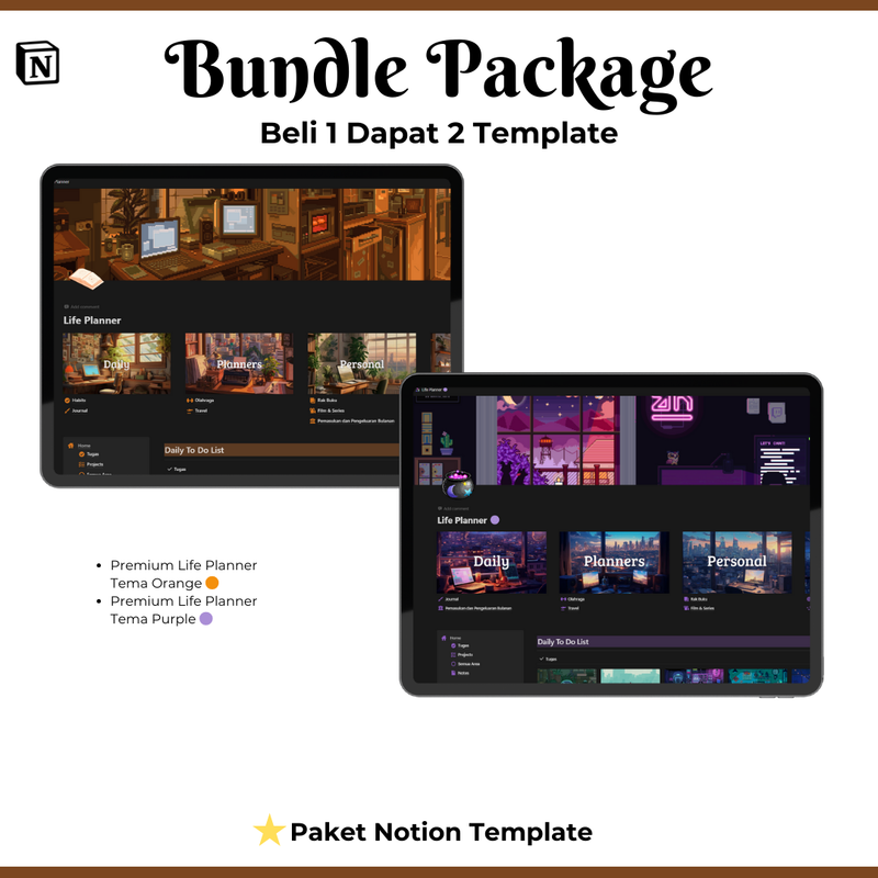 Highlight image for Premiun Notion Template | Bundle Package🟠🟣 (Dapet Template Life Planner Tema ungu & orange) (HARI TERAKHIR PROMO)