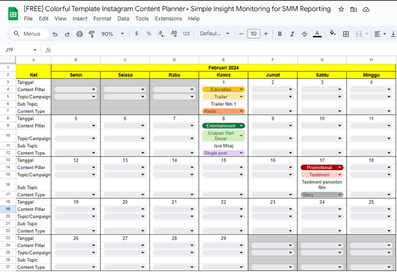 Highlight image for FREE Colorful Template Instagram Content Planner + Simple Insight Monitoring for SMM Reporting (by drnuramita)