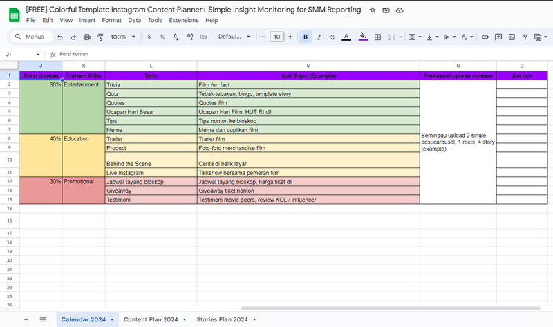 Highlight image for FREE Colorful Template Instagram Content Planner + Simple Insight Monitoring for SMM Reporting (by drnuramita)