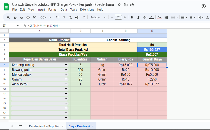 Highlight image for Template Google Spreadsheet dan Excel Biaya Produksi/HPP (Harga Pokok Penjualan) Sederhana Beserta Contohnya