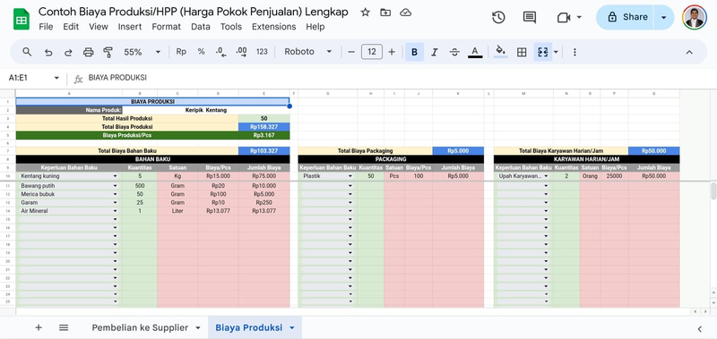 Template Google Spreadsheet dan Excel Biaya Produksi/HPP (Harga Pokok Penjualan) Lengkap Beserta Contohnya