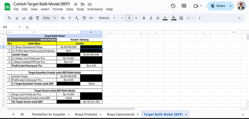 Highlight image 1 for Template Google Spreadsheet dan Excel Cara Menghitung Target Balik Modal (BEP) Beserta Contohnya