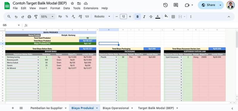 Highlight image 3 for Template Google Spreadsheet dan Excel Cara Menghitung Target Balik Modal (BEP) Beserta Contohnya