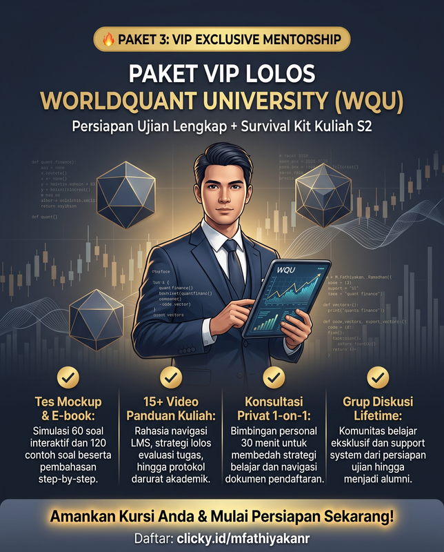 Highlight image for Paket VIP Lolos WQU: Paket Lengkap Tes (Mockup & Ebook) + 15+ Video panduan kuliah + Konsultasi 1-on-1 & Grup Lifetime