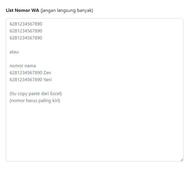 Tampilan Input List Nomor WA