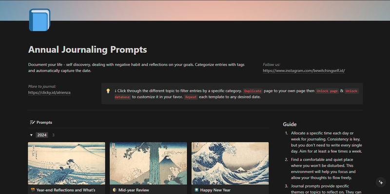 Highlight image for [Notion Template] Annual Journaling Prompts: : Planner, Track Growth, Goals