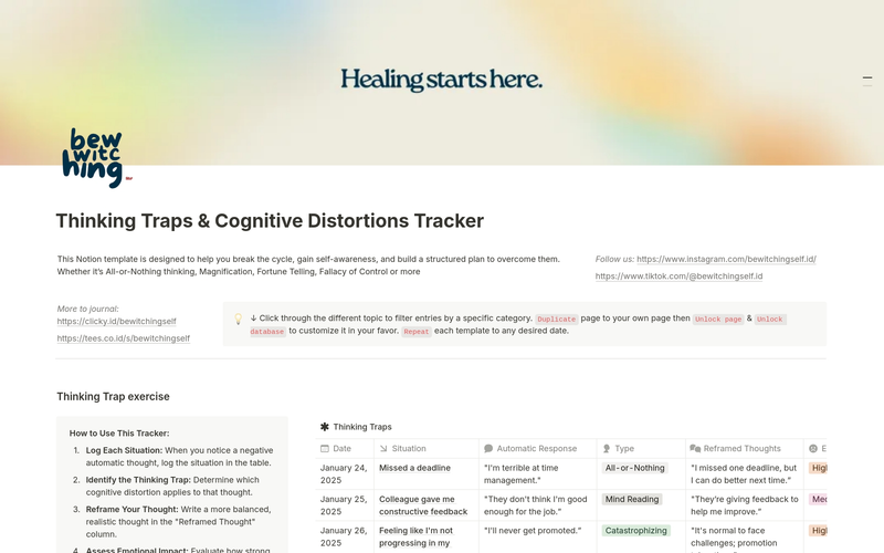 Highlight image for [Notion Template] Thinking Traps and Cognitive Distortions Tracker 