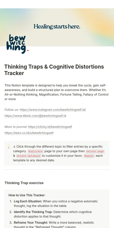 Highlight image for [Notion Template] Thinking Traps and Cognitive Distortions Tracker 