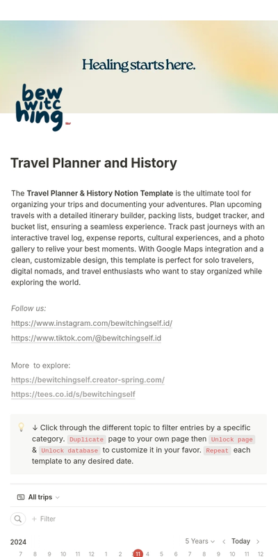 Highlight image for [Notion Template] Travel Planner and History: Itinerary, Packing, Bucket List