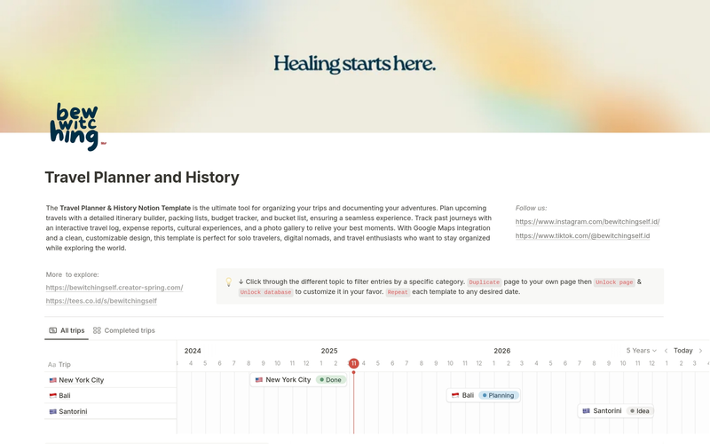 Highlight image for [Notion Template] Travel Planner and History: Itinerary, Packing, Bucket List