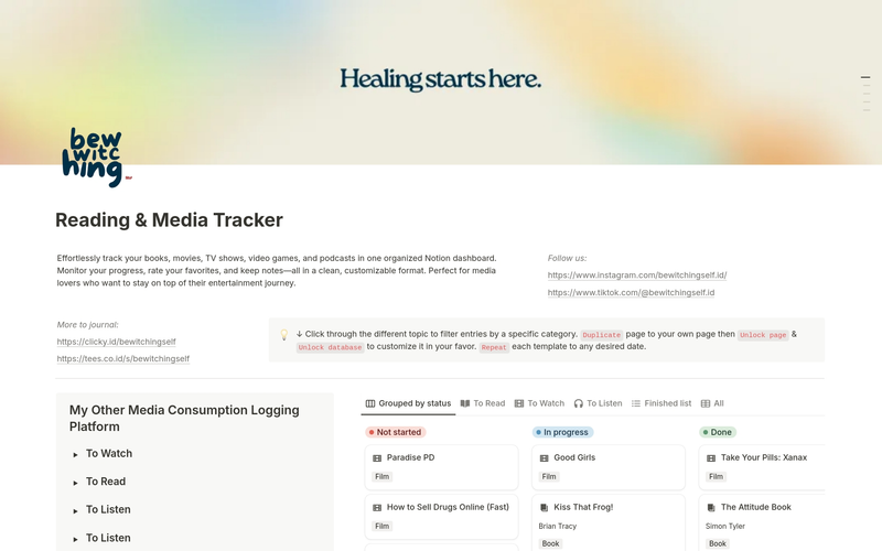 Highlight image 2 for [Notion Template] Media Tracker: Log Book, Movie, Podcast, TV & Game