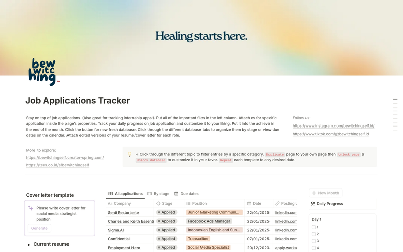 Highlight image 2 for [Notion Template] All-in-One Job Application Tracker: Manage, Store and Reflect