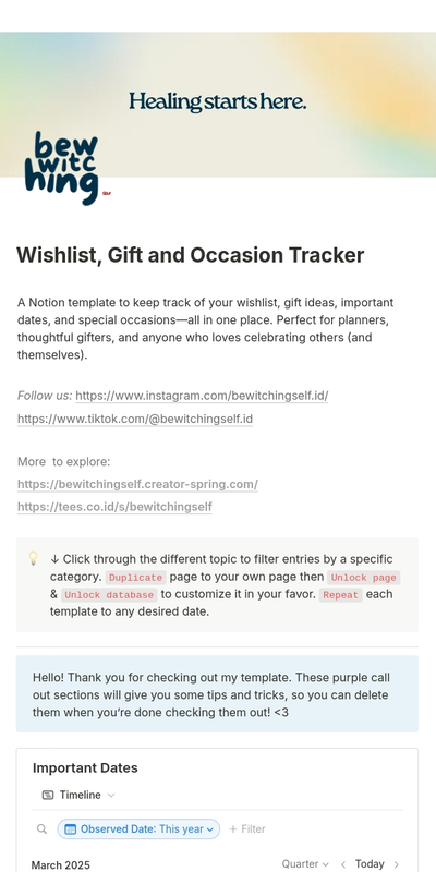 Highlight image 4 for [Notion Template] Wishlist & Gift Planner – Birthdays, Holidays, Life Milestones