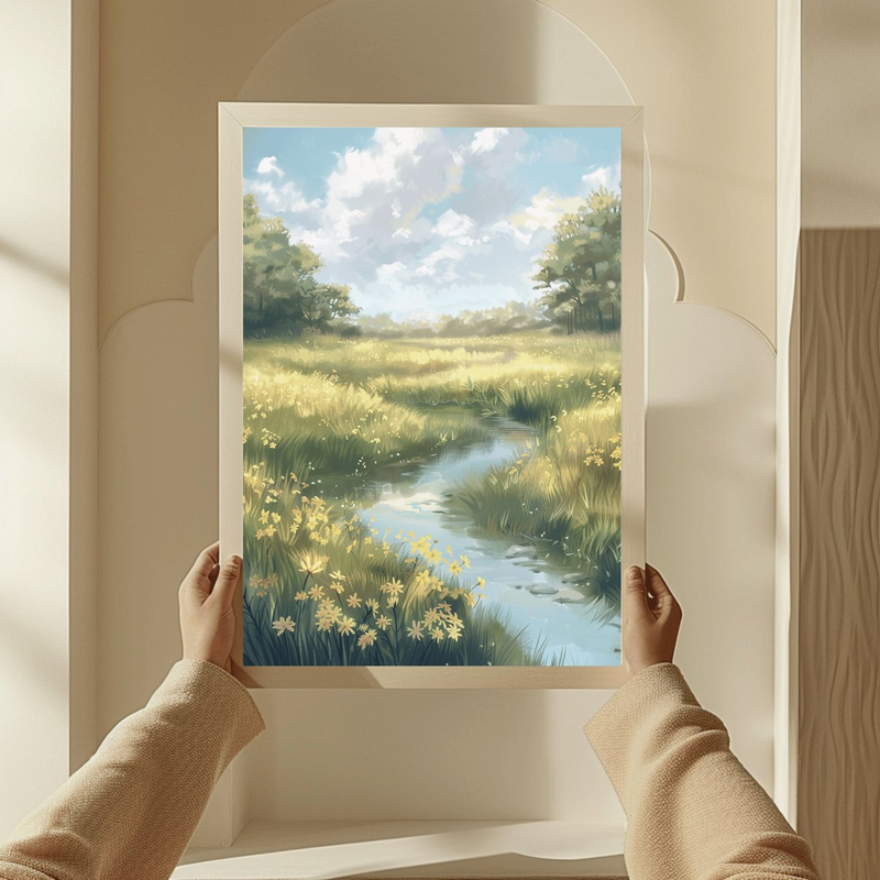 Highlight image 1 for ART PRINT SMALL RIVER & YELLOW FLOWERS - WALL DECOR - AESTHETIC ART PRINT