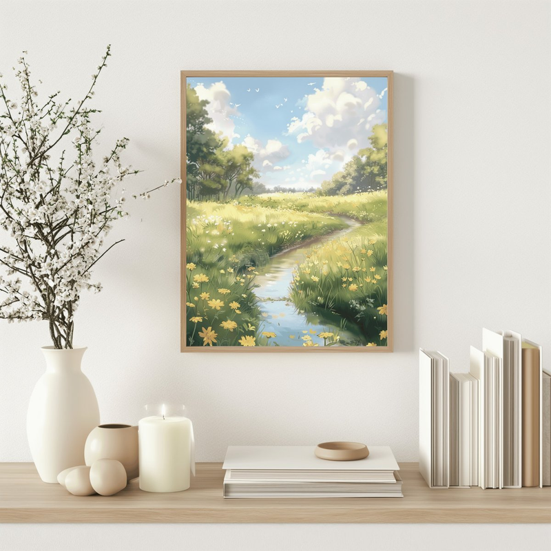 Highlight image 2 for ART PRINT SMALL RIVER & YELLOW FLOWERS - WALL DECOR - AESTHETIC ART PRINT