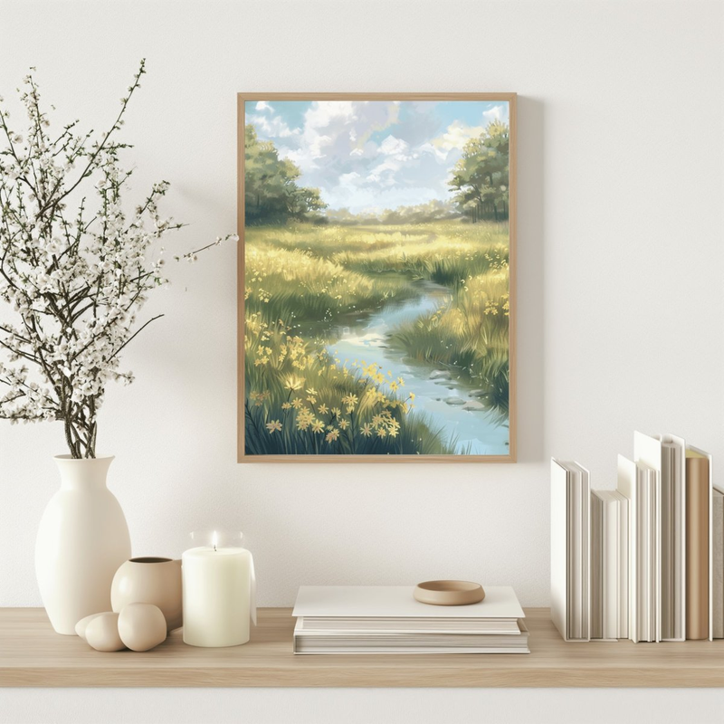 Highlight image 3 for ART PRINT SMALL RIVER & YELLOW FLOWERS - WALL DECOR - AESTHETIC ART PRINT