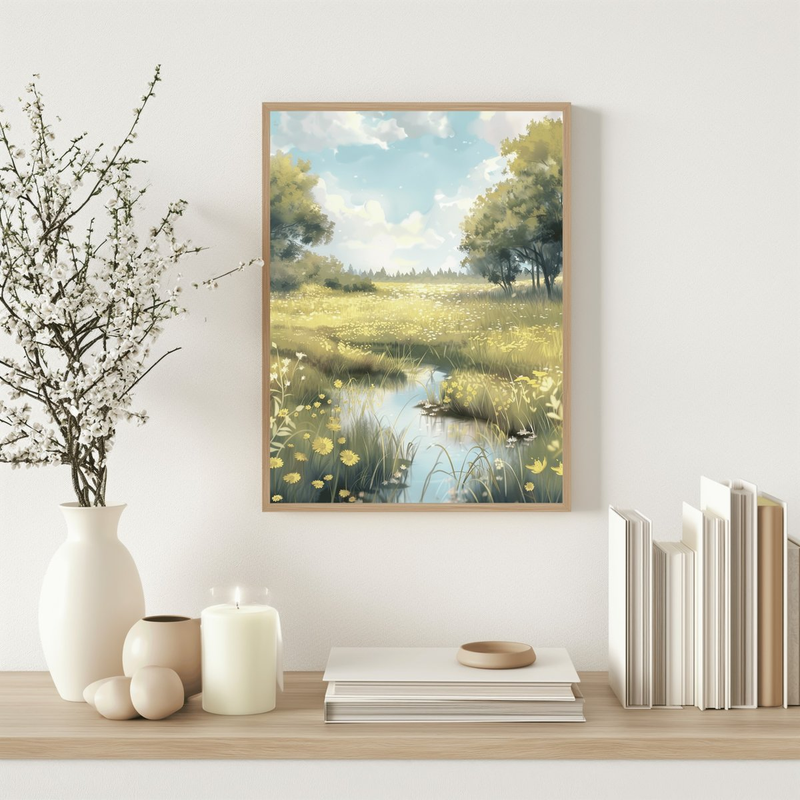 Highlight image 4 for ART PRINT SMALL RIVER & YELLOW FLOWERS - WALL DECOR - AESTHETIC ART PRINT