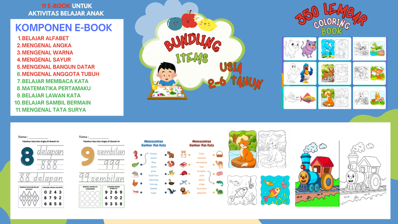 Highlight image for PAKET BUNDLING 350 LEMBAR COLORING BOOK & 11 E-BOOK AKTIVITAS BELAJAR ANAK