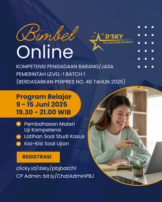 image for BIMBEL ONLINE KOMPETENSI PENGADAAN BARANG/JASA PEMERINTAH LEVEL-1 BATCH 1 (BERDASARKAN PERPRES NO. 46 TAHUN 2025) button