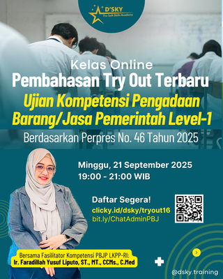 image for KELAS ONLINE PEMBAHASAN TRY OUT TERBARU UJIAN KOMPETENSI PENGADAAN BARANG/JASA PEMERINTAH LEVEL-1 BASED ON PERPRES 46/25 button