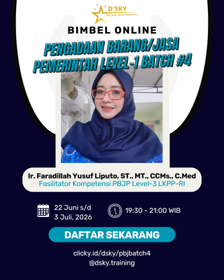 image for BIMBEL ONLINE KOMPETENSI PENGADAAN BARANG/JASA PEMERINTAH LEVEL-1 BATCH 4 (BERDASARKAN PERPRES NO. 46 TAHUN 2025) button