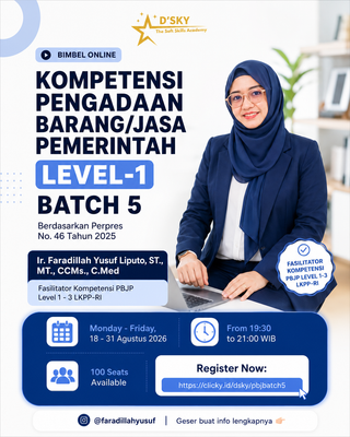 image for BIMBEL ONLINE KOMPETENSI PENGADAAN BARANG/JASA PEMERINTAH LEVEL-1 BATCH 5 (BERDASARKAN PERPRES NO. 46 TAHUN 2025) button