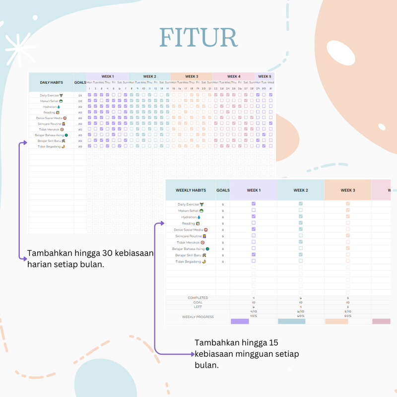 Highlight image for Template Google Sheet  Habit Tracker: Pantau kebiasaan harian dan mingguan. kamu bisa lebih produktif setiap harinya.