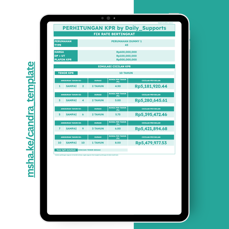 Highlight image for [007] Simulasi Perhitungan KPR Dengan Skema Bunga FIX RATE, FLOATING RATE, dan FIX BERJENJANG - Google Sheets Template