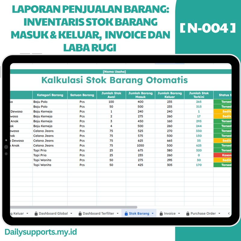 Highlight image for [N-004] Laporan Penjualan Barang: Inventaris Stok Barang, Invoice, dan Laba Rugi Otomatis - Google Sheets Template